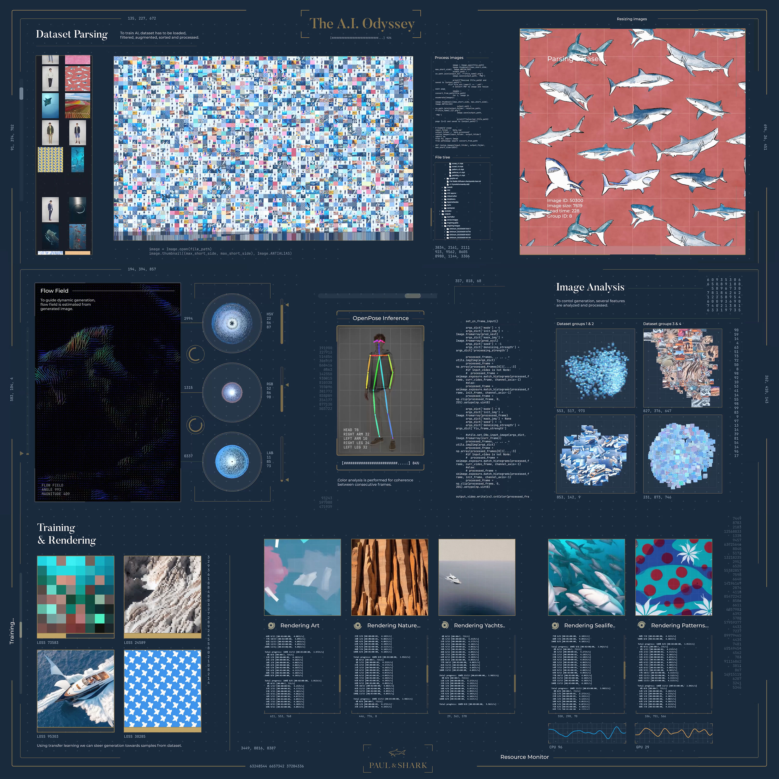 The pipeline, drawn as one plate: dataset parsing and filtering, flow-field estimation guiding dynamic generation, OpenPose inference holding coherence between consecutive frames, colour analysis in HSV, RGB and LAB, and transfer learning steering output toward art, nature, yachts, sealife and pattern.